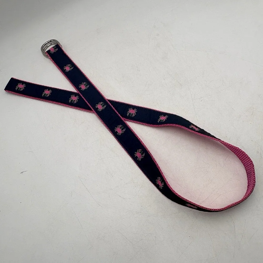 Leather Man USA Crab D Ring Ribbon Belt Pink Navy Preppy Needlepoint Medium